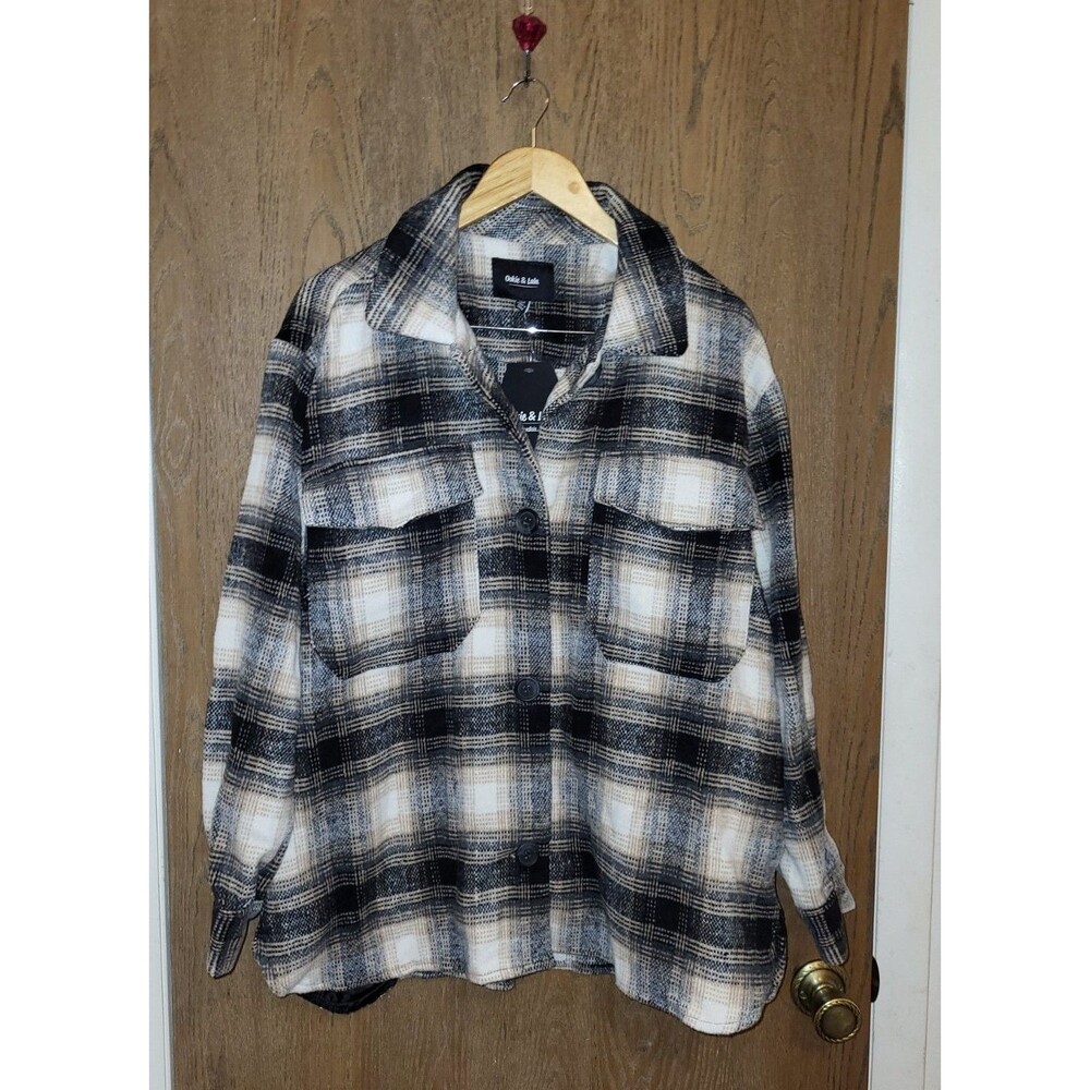 Ookie & Lala Shacket Gray Black Beige Plaid Flannel Jacket Women's Size XL